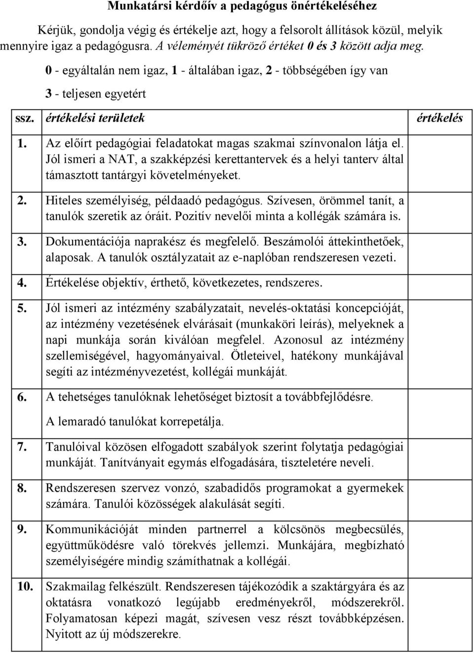 Az előírt pedagógiai feladatokat magas szakmai színvonalon látja el. Jól ismeri a NAT, a szakképzési kerettantervek és a helyi tanterv által támasztott tantárgyi követelményeket. 2.