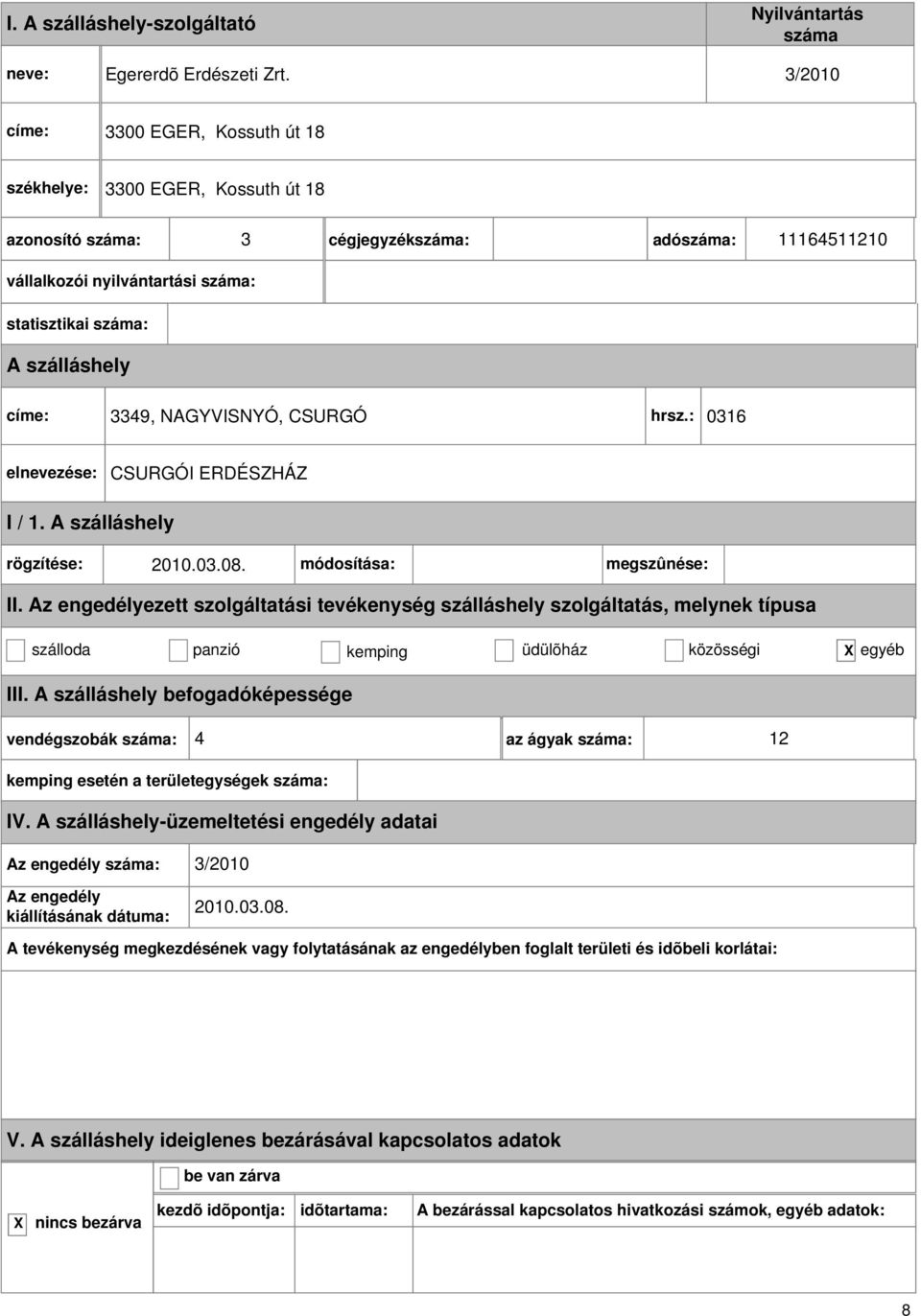 nyilvántartási : címe: 3349, NAGYVISNYÓ, CSURGÓ hrsz.: 0316 CSURGÓI ERDÉSZHÁZ rögzítése: 2010.03.08.