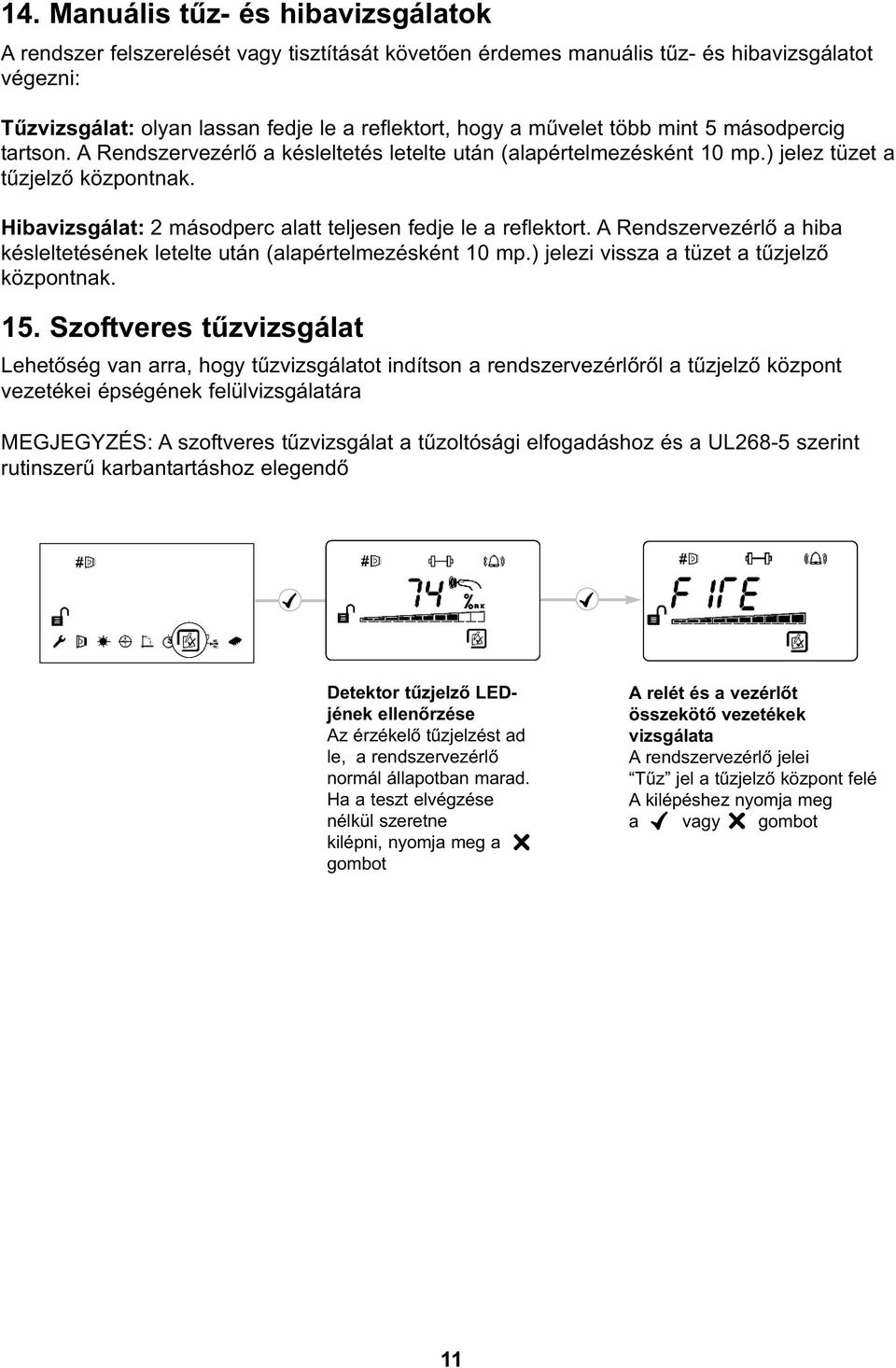 Hibavizsgálat: 2 másodperc alatt teljesen fedje le a reflektort. A Rendszervezérlő a hiba késleltetésének letelte után (alapértelmezésként 10 mp.) jelezi vissza a tüzet a tűzjelző központnak. 15.