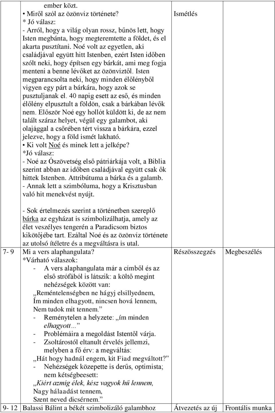 Isten megparancsolta neki, hogy minden élőlényből vigyen egy párt a bárkára, hogy azok se pusztuljanak el. 40 napig esett az eső, és minden élőlény elpusztult a földön, csak a bárkában lévők nem.