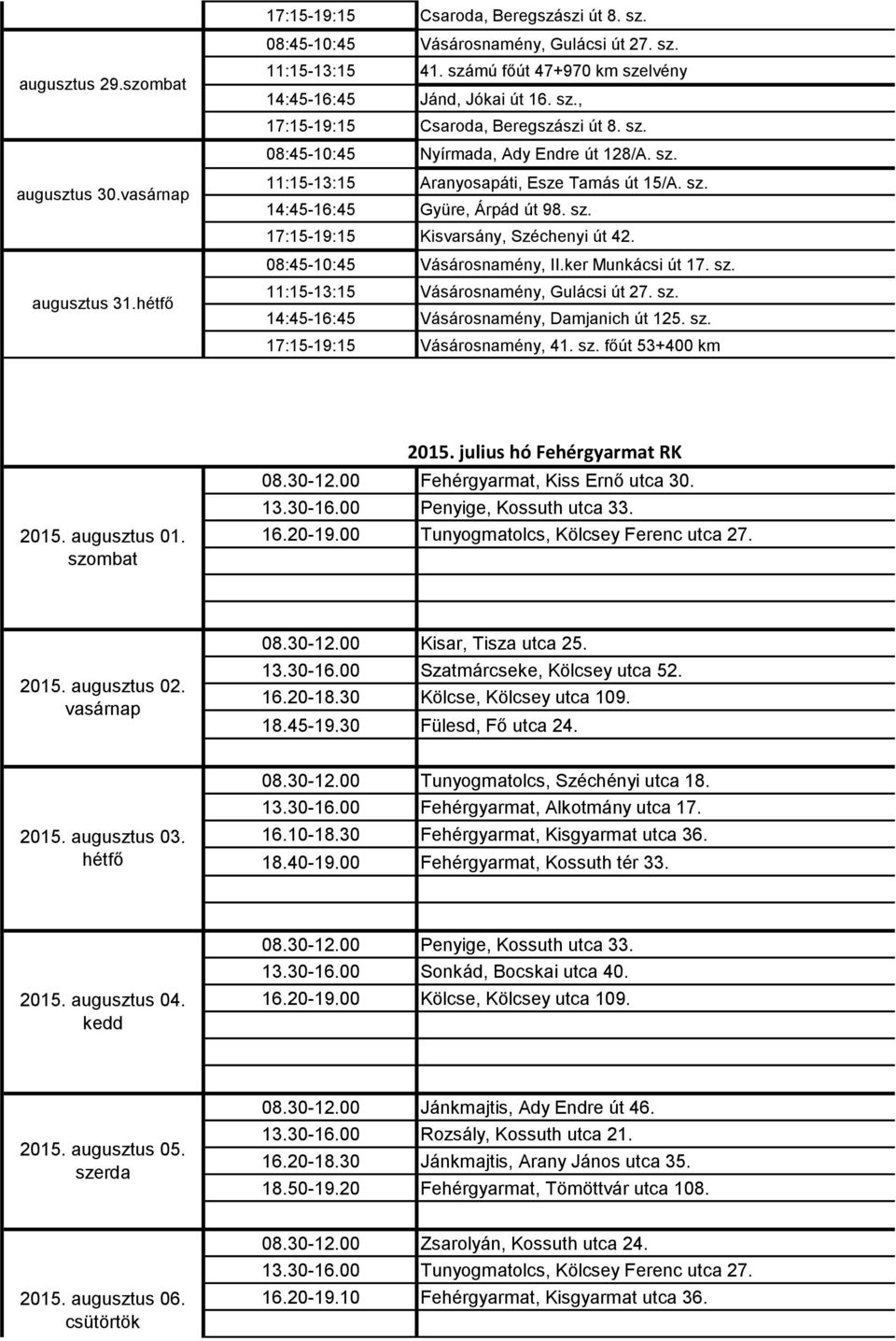 sz. Vásárosnamény, Gulácsi út 27. sz. Vásárosnamény, Damjanich út 125. sz. Vásárosnamény, 41. sz. főút 53+400 km 2015. augusztus 01. szombat 16.20-19.00 2015.