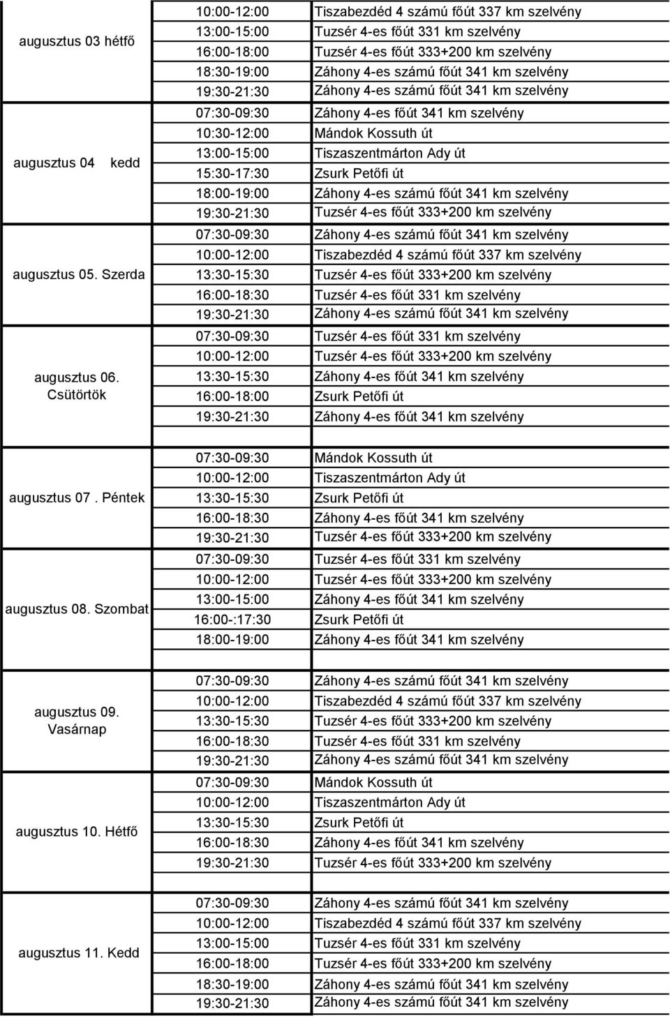 szelvény Tuzsér 4-es főút 331 km szelvény Mándok Kossuth út Tiszaszentmárton Ady út Zsurk Petőfi út Tiszabezdéd 4 számú főút 337 km szelvény Tuzsér 4-es főút 331 km szelvény Tuzsér 4-es főút 331 km