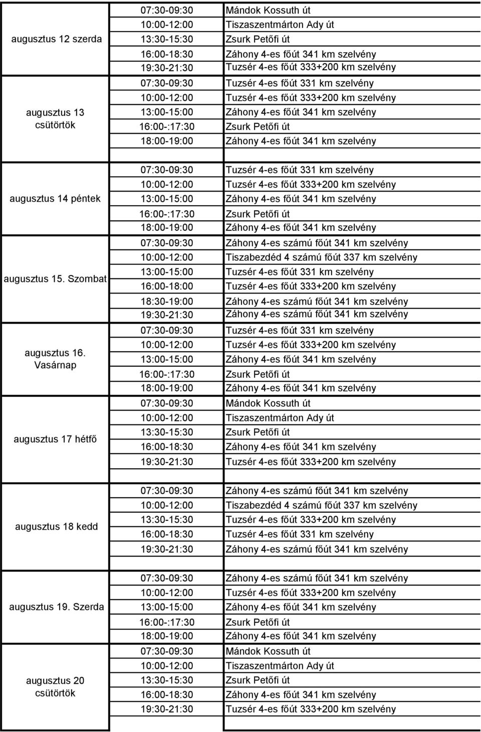 Vasárnap augusztus 17 hétfő 16:00-:17:30 18:00-19:00 16:00-18:00 18:30-19:00 19:30-21:30 16:00-:17:30 18:00-19:00 13:30-15:30 16:00-18:30 19:30-21:30 Tuzsér 4-es főút 331 km szelvény Zsurk Petőfi út