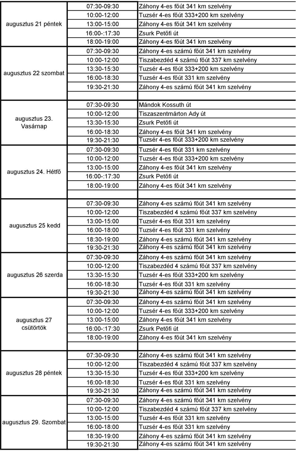 Hétfő 13:30-15:30 16:00-18:30 19:30-21:30 16:00-:17:30 18:00-19:00 Mándok Kossuth út Tiszaszentmárton Ady út Zsurk Petőfi út Tuzsér 4-es főút 331 km szelvény Zsurk Petőfi út augusztus 25 kedd