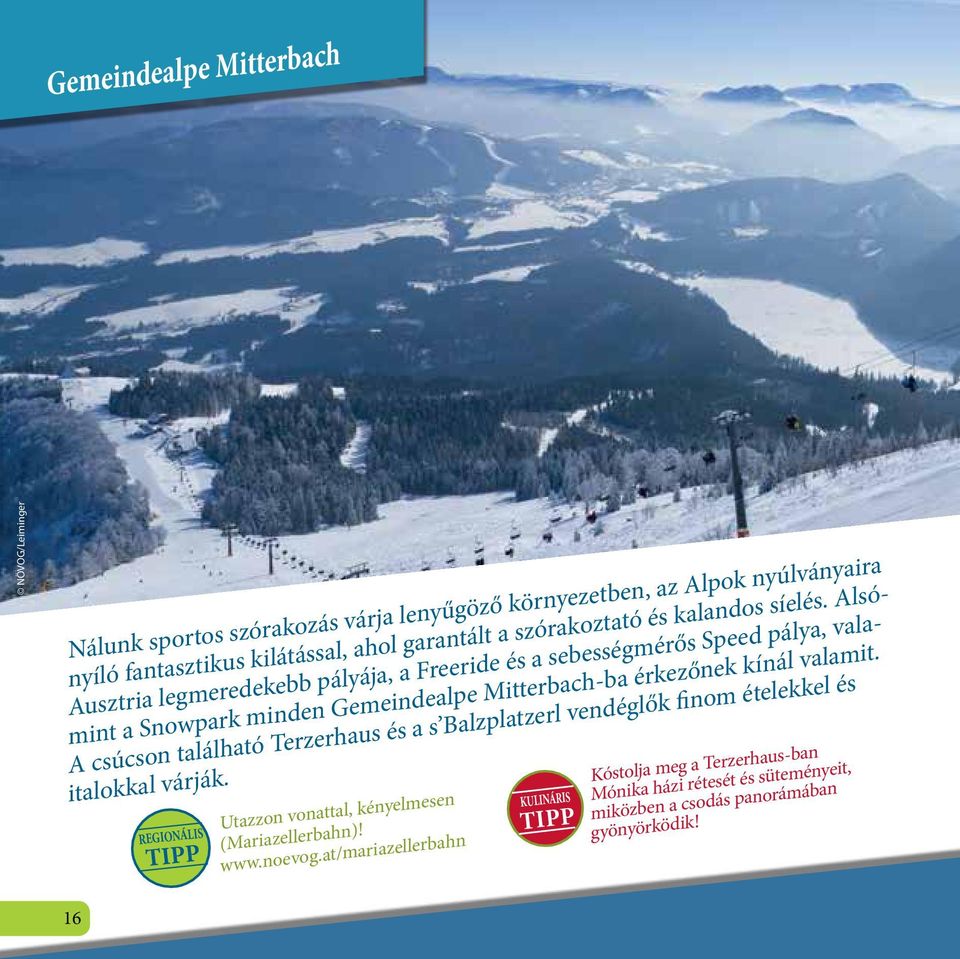 Alsó- Ausztria legmeredekebb pályája, a Freeride és a sebességmérős Speed pálya, valamint a Snowpark minden Gemeindealpe Mitterbach-ba érkezőnek kínál valamit.