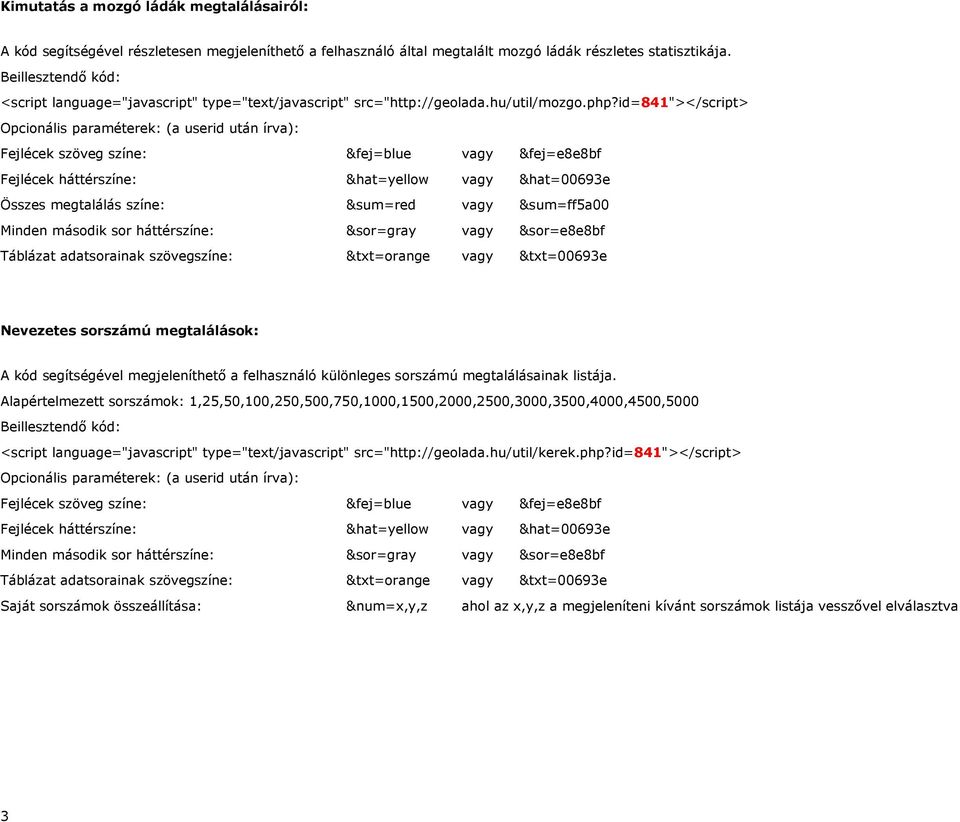 id=841"></script> Összes megtalálás színe: &sum=red vagy &sum=ff5a00 Nevezetes sorszámú megtalálások: A kód segítségével megjeleníthető a felhasználó különleges sorszámú megtalálásainak