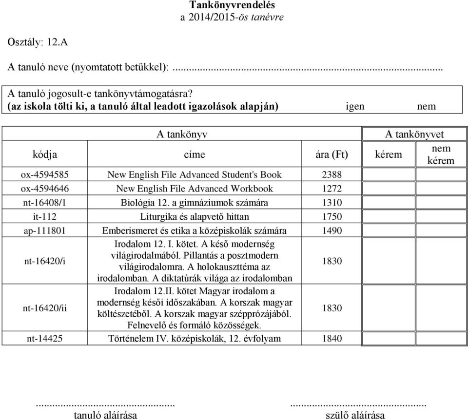 Biológia 12. a gimnáziumok számára 1310 it-112 Liturgika és alapvető hittan 1750 ap-111801 Emberismeret és etika a középiskolák számára 1490 nt-16420/i Irodalom 12. I. kötet.