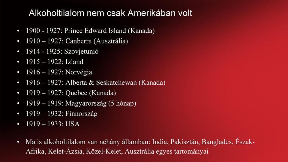 1927: Quebec (Kanada) 1919 1919: Magyarország (5 hónap) 1919 1932: Finnország 1919 1933: USA Ma is alkoholtilalom