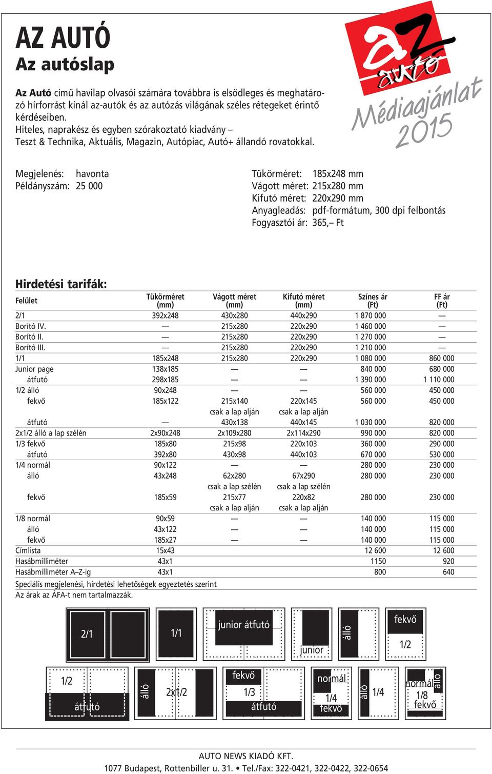 Megjelenés: havonta Példányszám: 25 000 Tükörméret: 185x248 mm Vágott méret: 215x280 mm Kifutó méret: 220x290 mm Anyagleadás: pdf-formátum, 300 dpi felbontás Fogyasztói ár: 365, Ft Tükörméret Vágott