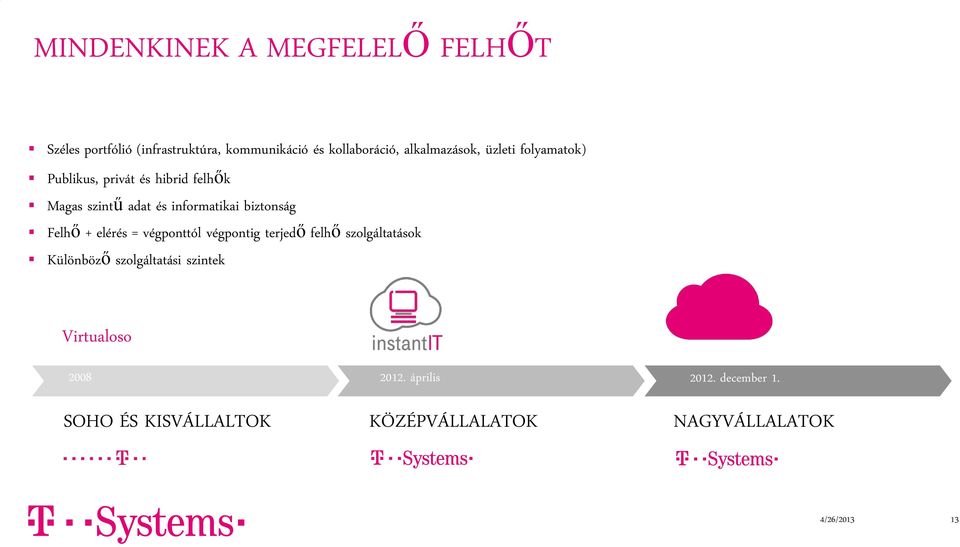 biztonság Felhő + elérés = végponttól végpontig terjedő felhő szolgáltatások Különböző szolgáltatási