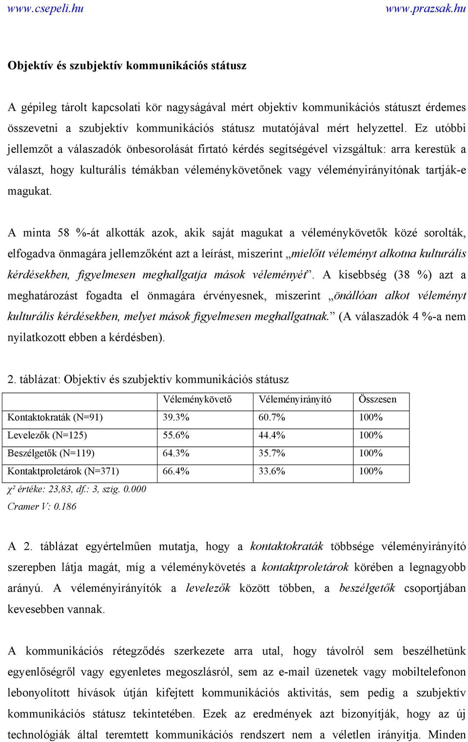 Ez utóbbi jellemzőt a válaszadók önbesorolását firtató kérdés segítségével vizsgáltuk: arra kerestük a választ, hogy kulturális témákban véleménykövetőnek vagy véleményirányítónak tartják-e magukat.