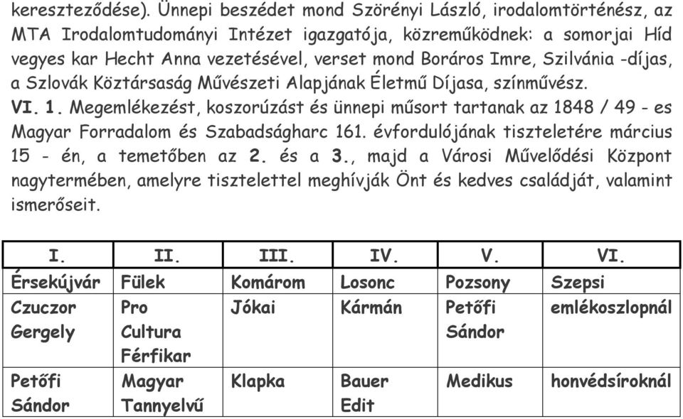 -díjas, a Szlovák Köztársaság Művészeti Alapjának Életmű Díjasa, színművész. V. 1. Megemlékezést, koszorúzást és ünnepi műsort tartanak az 1848 / 49 - es Magyar Forradalom és Szabadságharc 161.