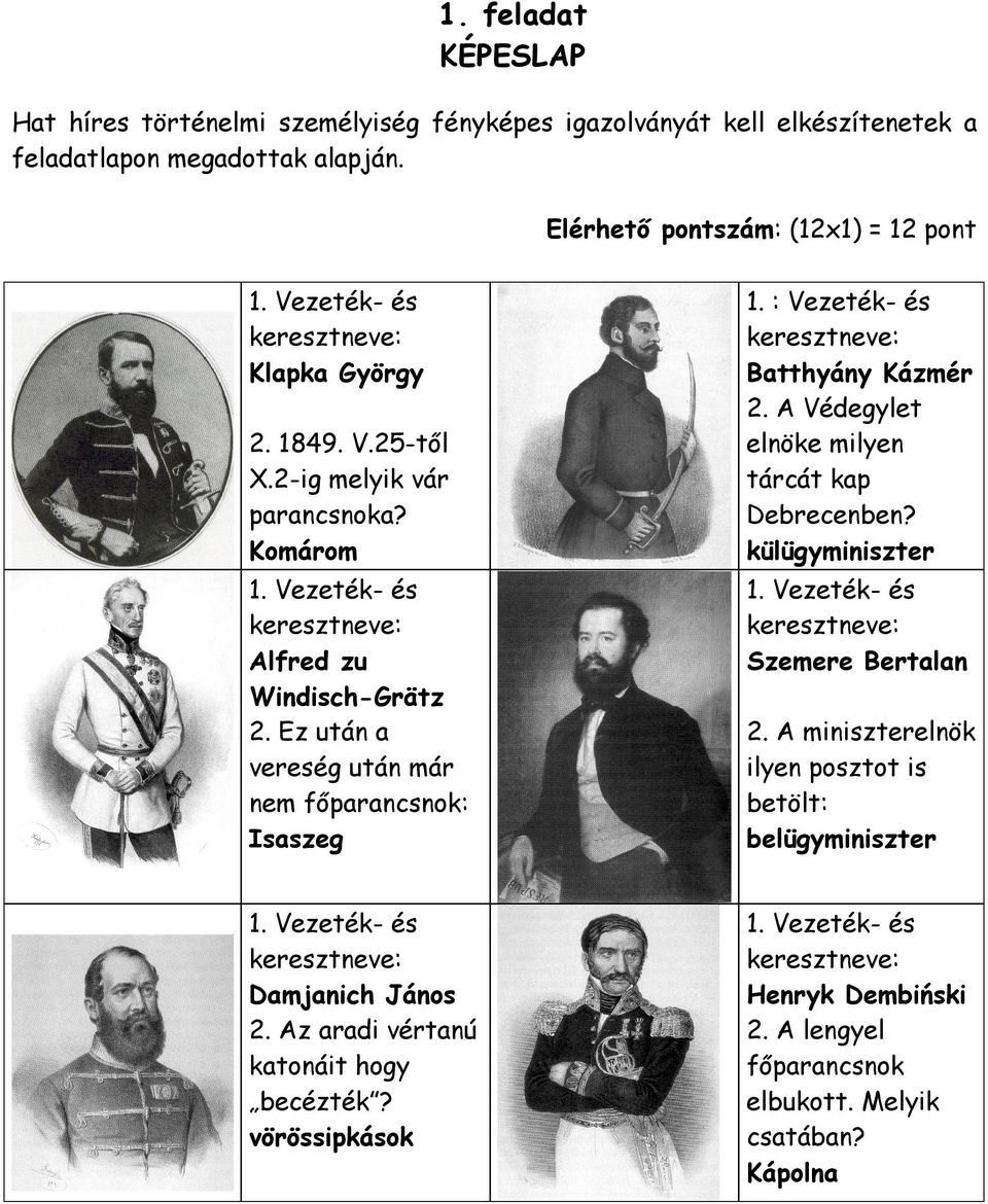 külügyminiszter 1. Vezeték- és keresztneve: Alfred zu Windisch-Grätz 2. Ez után a vereség után már nem főparancsnok: saszeg 1. Vezeték- és keresztneve: Szemere Bertalan 1.