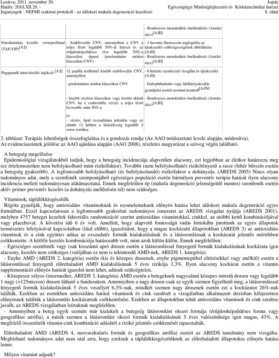 újrakezelés szükségességének elbírálására [A:III] - Rendszeres monokuláris önellenőrzés (Amsler rács) [A:III] 12 papilla területnél kisebb szubfoveális CNV, - 6 hetente szemészeti vizsgálat és