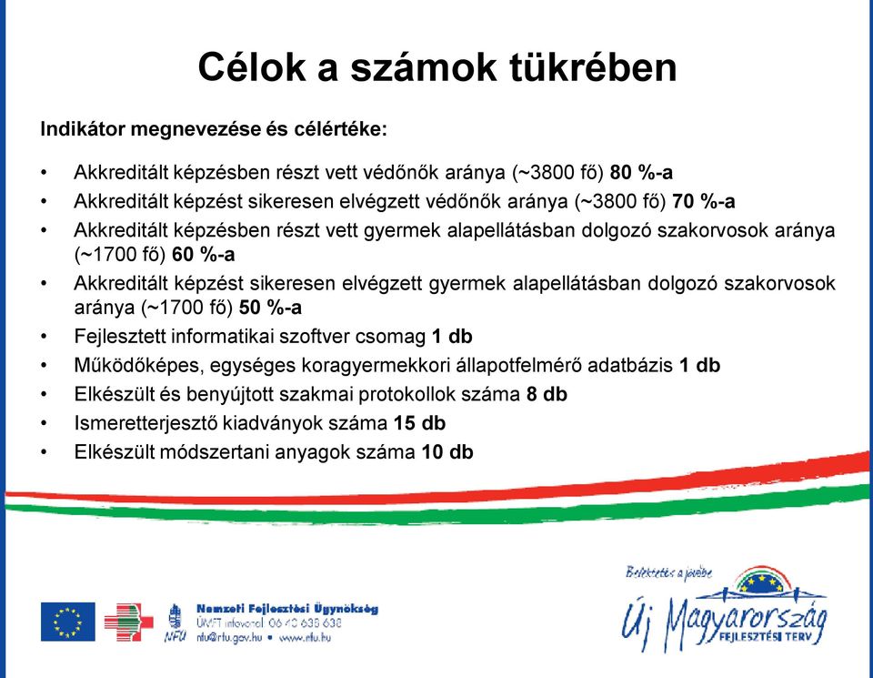 sikeresen elvégzett gyermek alapellátásban dolgozó szakorvosok aránya (~1700 fő) 50 %-a Fejlesztett informatikai szoftver csomag 1 db Működőképes, egységes