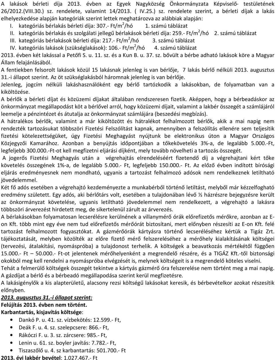 számú táblázat II. kategóriás bérlakás és szolgálati jellegű bérlakások bérleti a: 259.- Ft/m 2 /hó 2. számú táblázat III. kategóriás bérlakások bérleti a: 217.- Ft/m 2 /hó 3. számú táblázat IV.