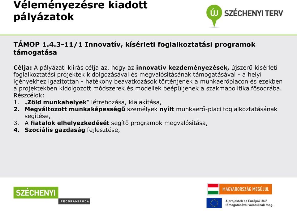 projektek kidolgozásával és megvalósításának támogatásával - a helyi igényekhez igazítottan - hatékony beavatkozások történjenek a munkaerőpiacon és ezekben a projektekben