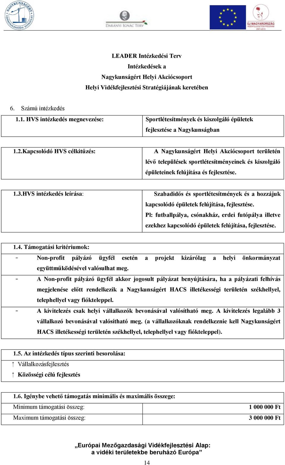 Kapcsolódó HVS célkitűzés: A Nagykunságért Helyi Akciócsoport területén lévő települések sportlétesítményeinek és kiszolgáló épületeinek felújítása és fejlesztése. 1.3.