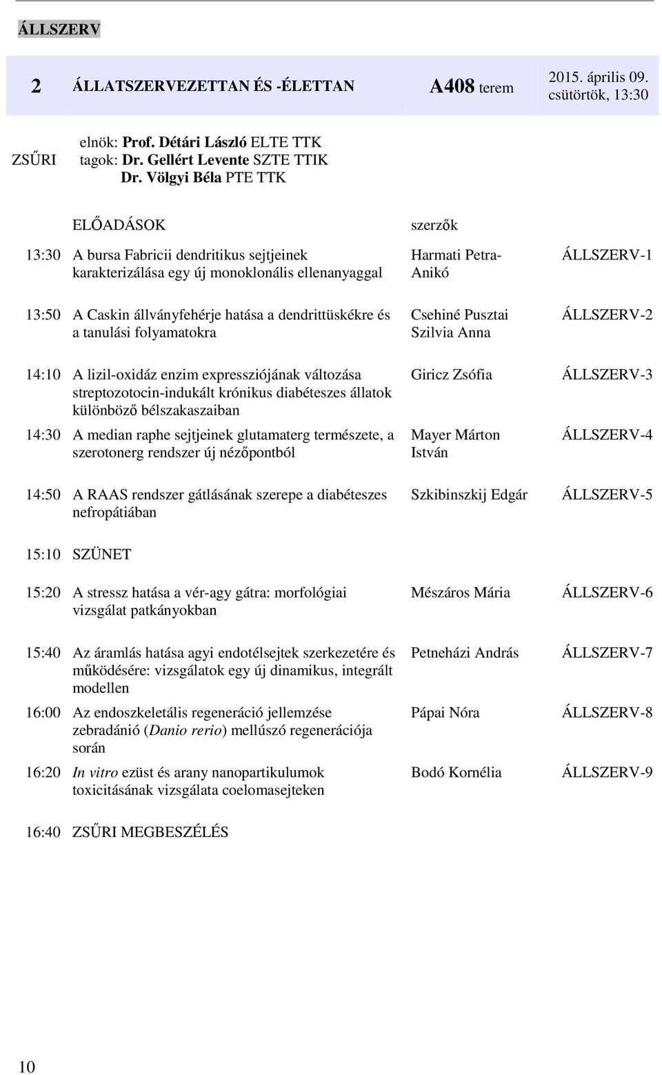 14:10 A lizil-oxidáz enzim expressziójának változása streptozotocin-indukált krónikus diabéteszes állatok különböző bélszakaszaiban 14:30 A median raphe sejtjeinek glutamaterg természete, a