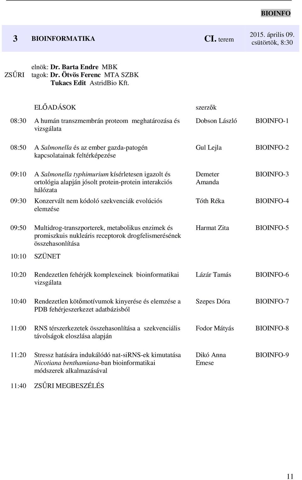 Salmonella typhimurium kísérletesen igazolt és ortológia alapján jósolt protein-protein interakciós hálózata 09:30 Konzervált nem kódoló szekvenciák evolúciós elemzése 09:50 Multidrog-transzporterek,