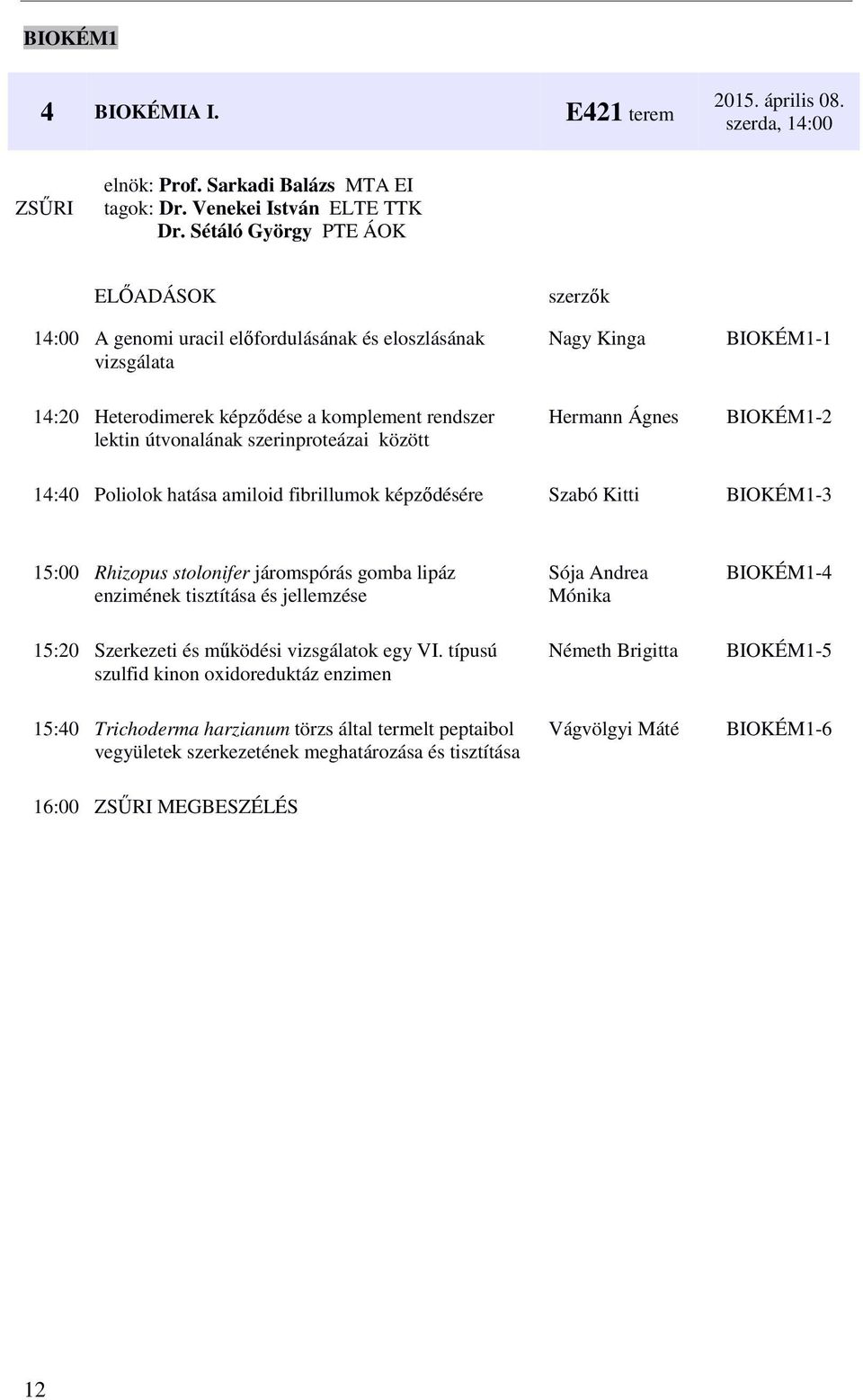 között Hermann Ágnes BIOKÉM1-2 14:40 Poliolok hatása amiloid fibrillumok képződésére Szabó Kitti BIOKÉM1-3 15:00 Rhizopus stolonifer járomspórás gomba lipáz enzimének tisztítása és jellemzése 15:20