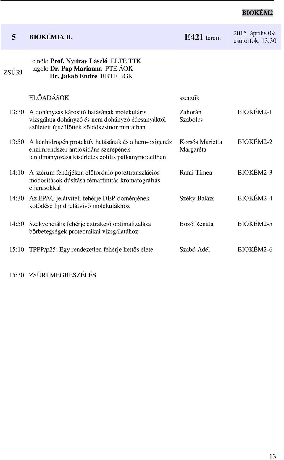 hatásának és a hem-oxigenáz enzimrendszer antioxidáns szerepének tanulmányozása kísérletes colitis patkánymodellben 14:10 A szérum fehérjéken előforduló poszttranszlációs módosítások dúsítása