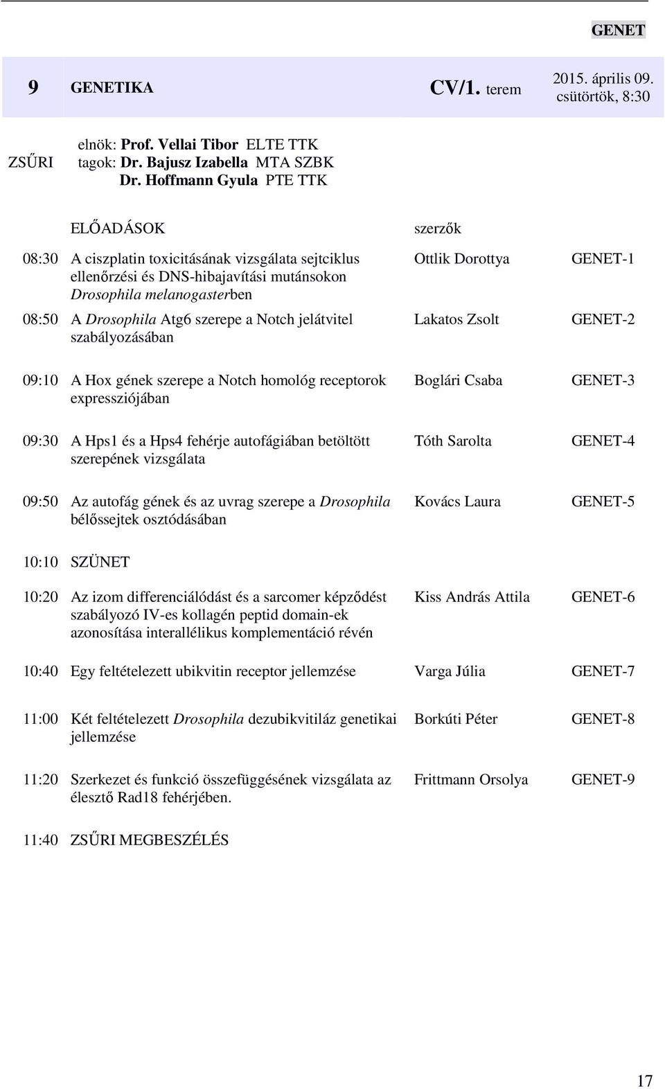 szabályozásában 09:10 A Hox gének szerepe a Notch homológ receptorok expressziójában Ottlik Dorottya Lakatos Zsolt Boglári Csaba GENET-1 GENET-2 GENET-3 09:30 A Hps1 és a Hps4 fehérje autofágiában