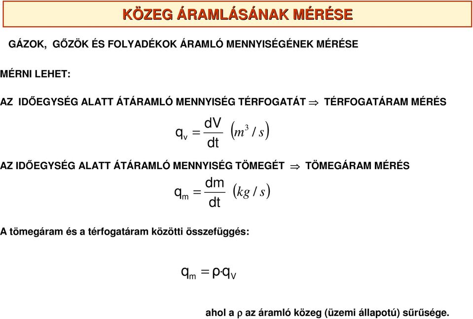 ALATT ÁTÁRAMLÓ MENNYISÉG TÖMEGÉT TÖMEGÁRAM MÉRÉS dm q m = dt A tömegáram és a