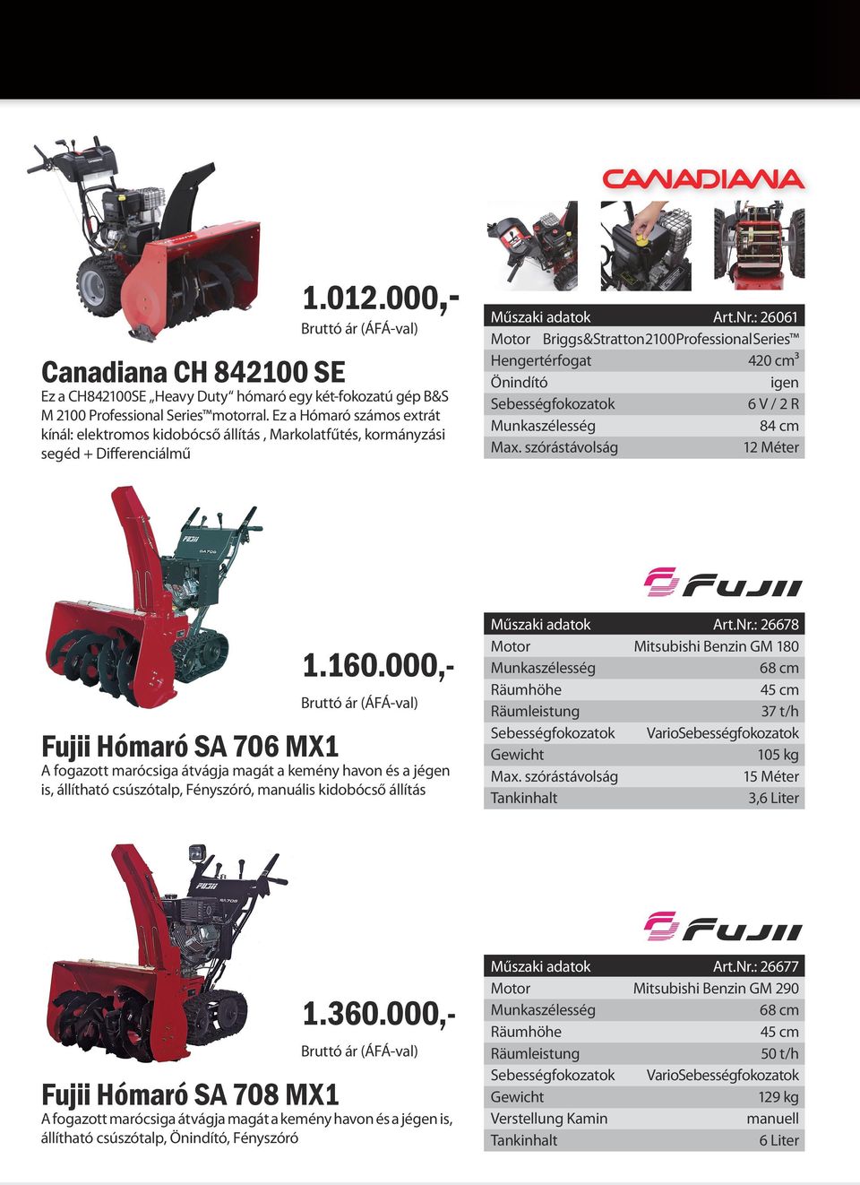 : 26061 Motor Briggs & Stratton 2100 Professional Series 420 cm³ 84 cm Fujii Hómaró SA 706 MX1 A fogazott marócsiga átvágja magát a kemény havon és a jégen is, állítható csúszótalp, Fényszóró,