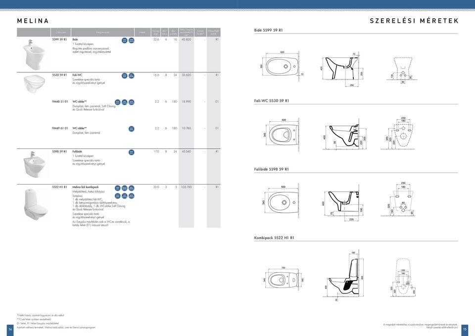 2 6 180 18.990 01 FaliWC 5530 59 9M49 61 01 WCülőke** Duroplast, fém zsanérral 2.2 6 180.760 01 5598 59 Falibidé Szerelése speciális tartóés rögzítőszerelvényt igényel 17.0 8 24 43.
