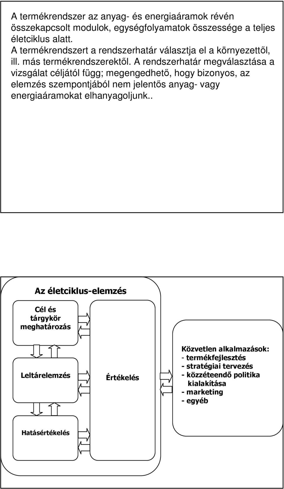 bizonyos, az elemzés szempontjából nem jelentős anyag- vagy energiaáramokat elhanyagoljunk Az életciklus-elemzés Cél és tárgykör meghatározás