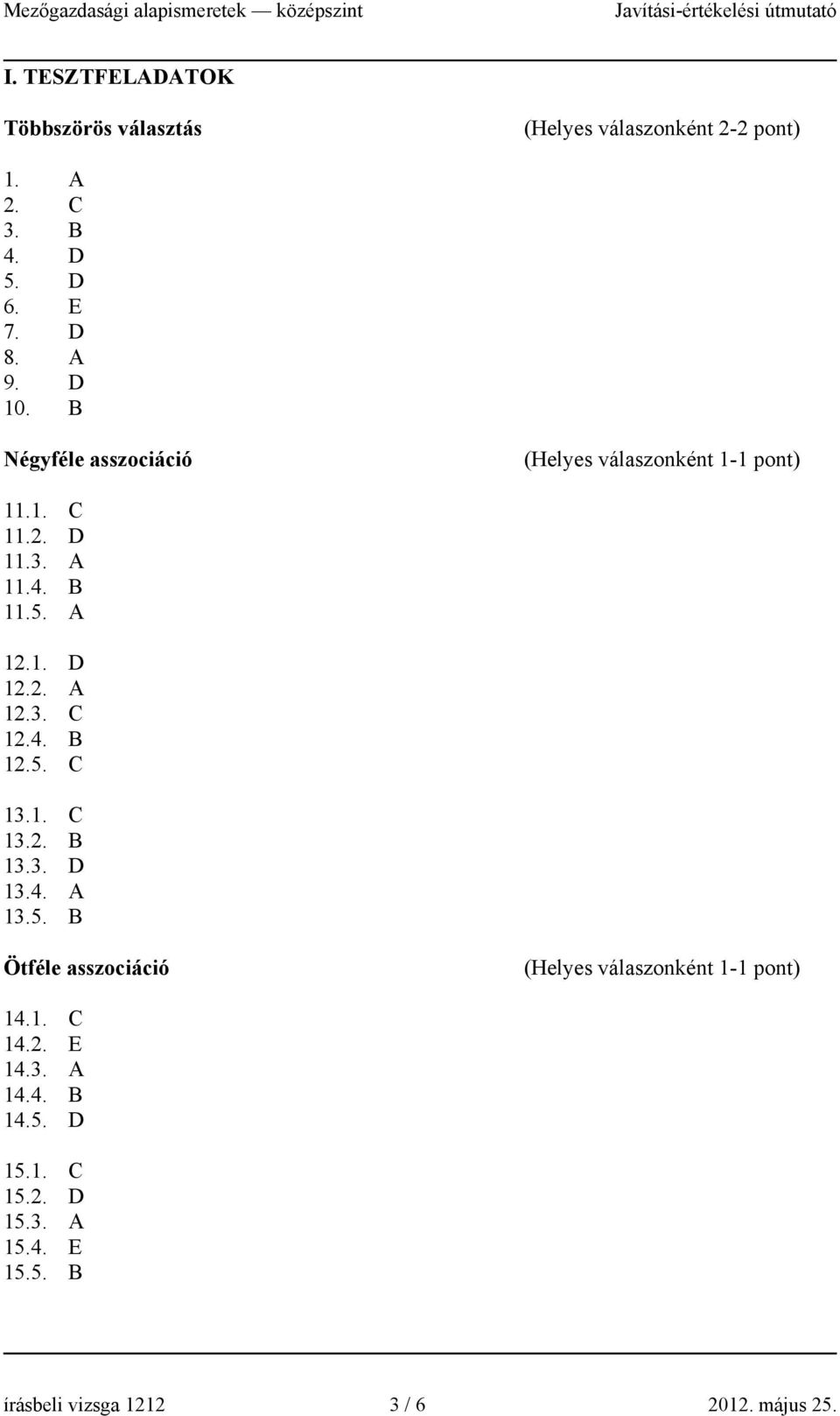 4. B 12.5. C 13.1. C 13.2. B 13.3. D 13.4. A 13.5. B Ötféle asszociáció (Helyes válaszonként 1-1 pont) 14.1. C 14.2. E 14.