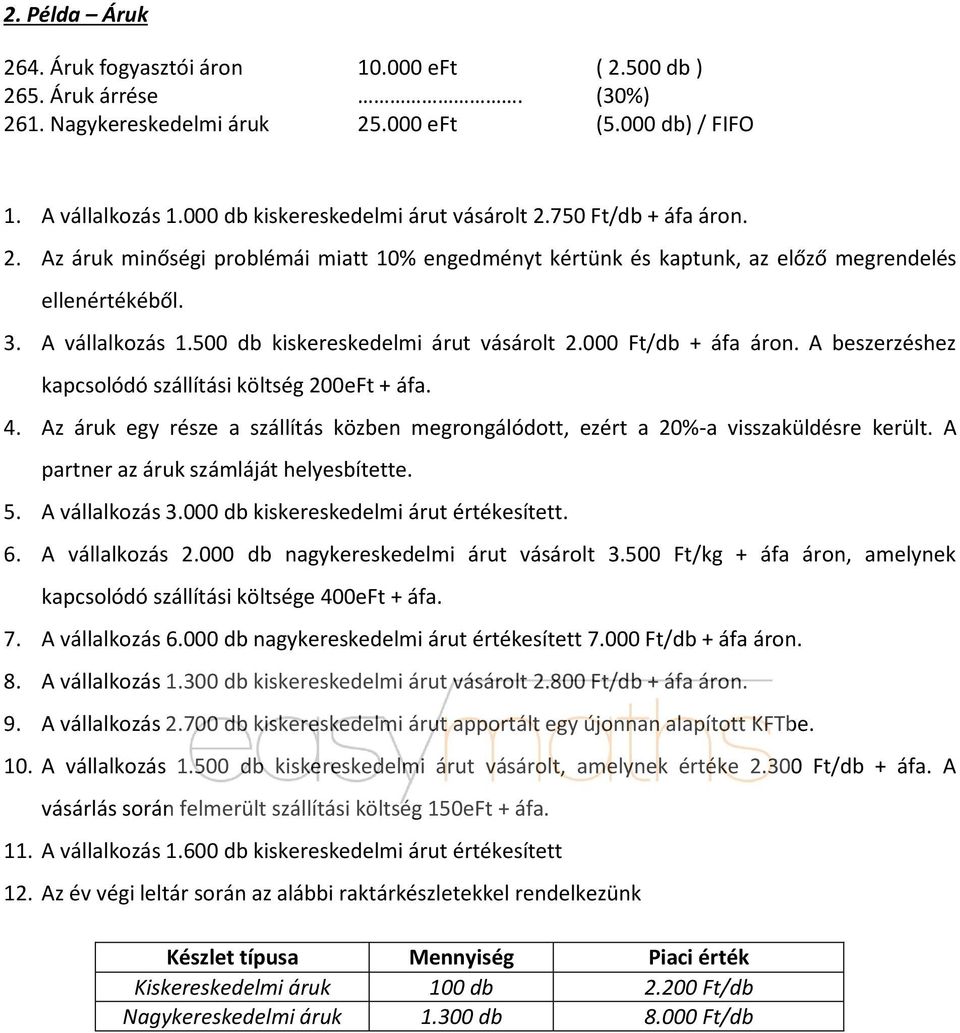 500 db kiskereskedelmi árut vásárolt 2.000 Ft/db + áfa áron. A beszerzéshez kapcsolódó szállítási költség 200eFt + áfa. 4.