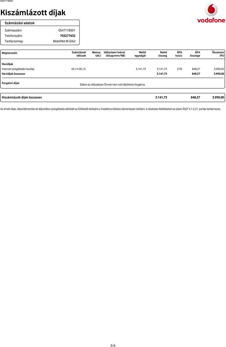 990,00 Havidíjak összesen 3.141,73 848,27 3.990,00 Forgalmi díjak Ebben az idõszakban Önnek nem volt díjköteles forgalma. Kiszámlázott díjak összesen 3.
