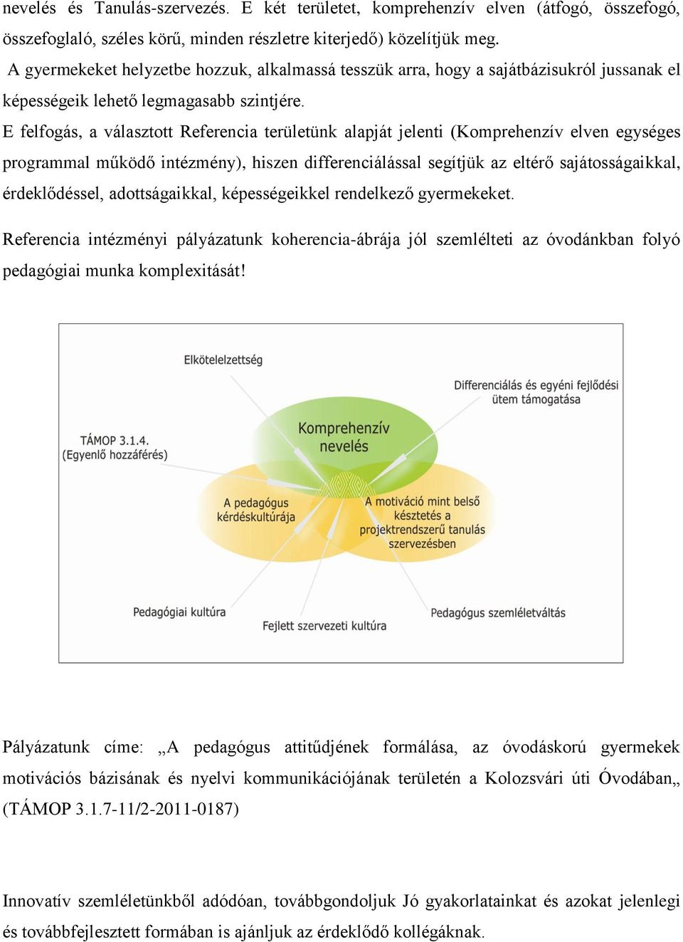 E felfogás, a választott Referencia területünk alapját jelenti (Komprehenzív elven egységes programmal működő intézmény), hiszen differenciálással segítjük az eltérő sajátosságaikkal, érdeklődéssel,