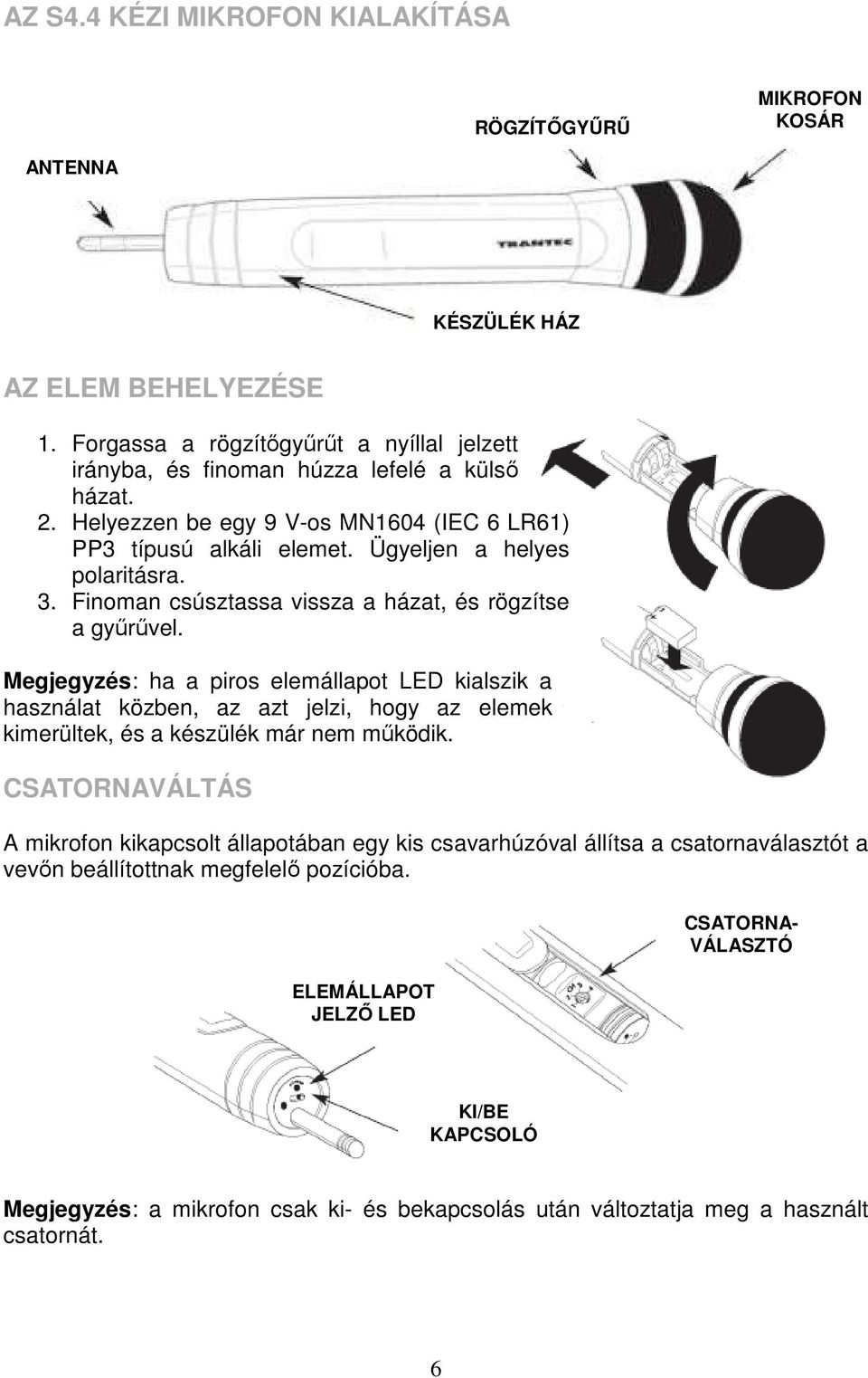 Finoman csúsztassa vissza a házat, és rögzítse a győrővel. Megjegyzés: ha a piros elemállapot LED kialszik a használat közben, az azt jelzi, hogy az elemek kimerültek, és a készülék már nem mőködik.