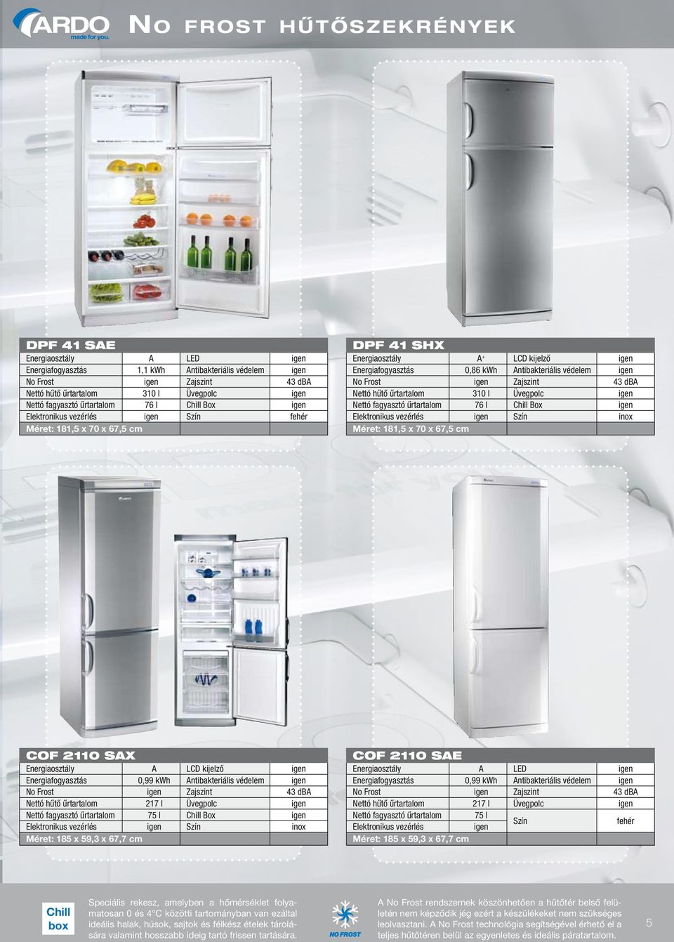 0,99 kwh No Frost 43 dba 217 l 75 l Méret: 185 x 59,3 x 67,7 cm Chill box Speciális rekesz, amelyben a hőmérséklet folyamatosan 0 és 4 C közötti tartományban van ezáltal ideális halak, húsok, sajtok