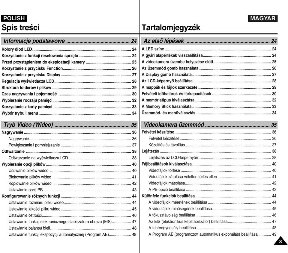 .. 30 Wybieranie rodzaju pami ci... 32 Korzystanie z karty pami ci... 33 Wybór trybu i menu... 34 Tryb Video (Wideo)... 35 Nagrywanie... 36 Nagrywanie... 36 Powi kszanie i pomniejszanie.