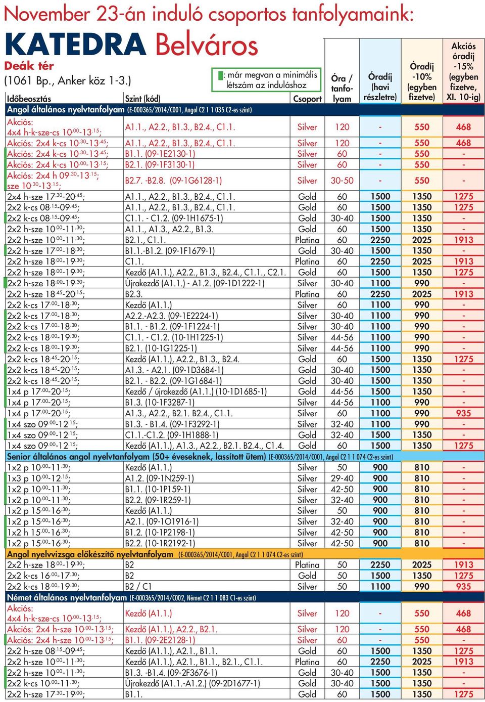 -10% fizetve) Akciós óradíj -15% fizetve, XI. 10-ig) Akciós: 4x4 h-k-sze-cs 10.00-13.15 ; A1.1., A2.2., B1.3., B2.4., C1.1. Silver 120-550 468 Akciós: 2x4 k-cs 10.30-13.45 ; A1.1., A2.2., B1.3., B2.4., C1.1. Silver 120-550 468 Akciós: 2x4 k-cs 10.30-13.45 ; B1.