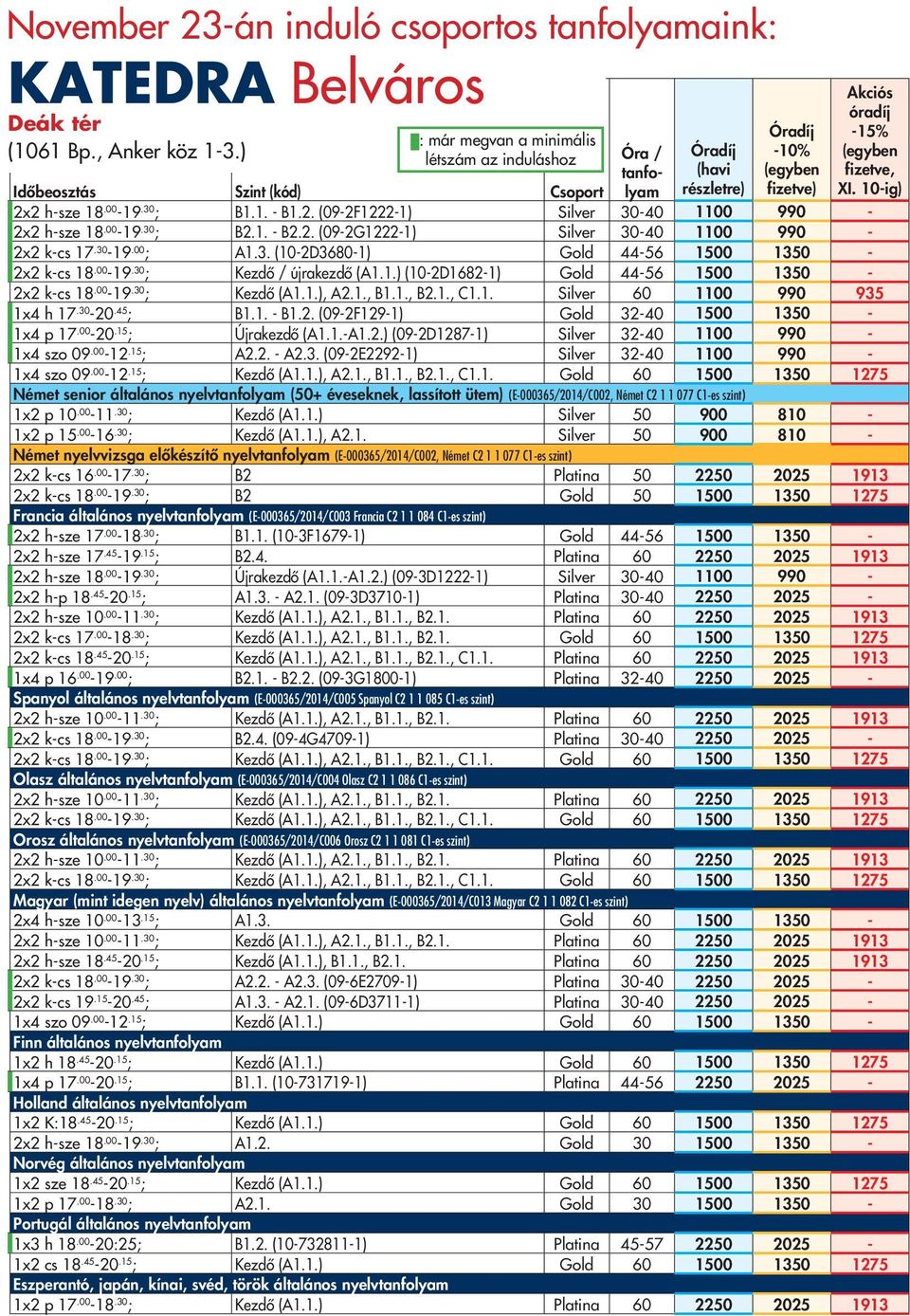 2. (09-2F1222-1) Silver 30-40 1100 990-2x2 h-sze 18.00-19.30 ; B2.1. - B2.2. (09-2G1222-1) Silver 30-40 1100 990-2x2 k-cs 17.30-19.00 ; A1.3. (10-2D3680-1) Gold 44-56 1500 1350-2x2 k-cs 18.00-19.30 ; Kezdő / újrakezdő (A1.