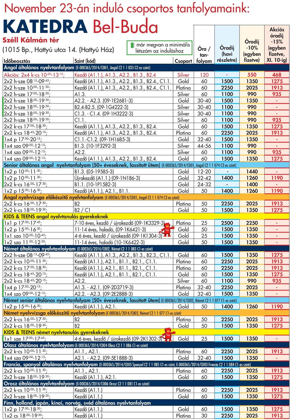 részletre) -10% fizetve) Akciós óradíj -15% fizetve, XI. 10-ig) Akciós: 2x4 k-cs 10.00-13.15 ; Kezdő (A1.1.), A1.3., A2.2., B1.3., B2.4 Silver 120-550 468 2x2 h-sze 08.15-09.45 ; Kezdő (A1.1.), A1.3., A2.2., B1.3., B2.4., C1.