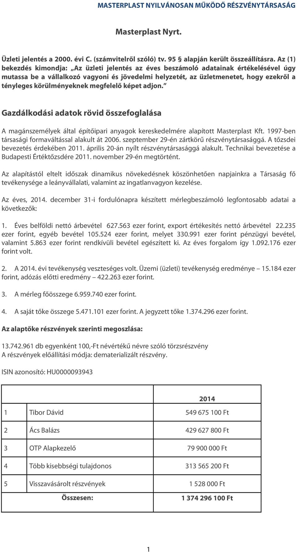 körülményeknek megfelelő képet adjon. Gazdálkodási adatok rövid összefoglalása A magánszemélyek által építőipari anyagok kereskedelmére alapított Masterplast Kft.