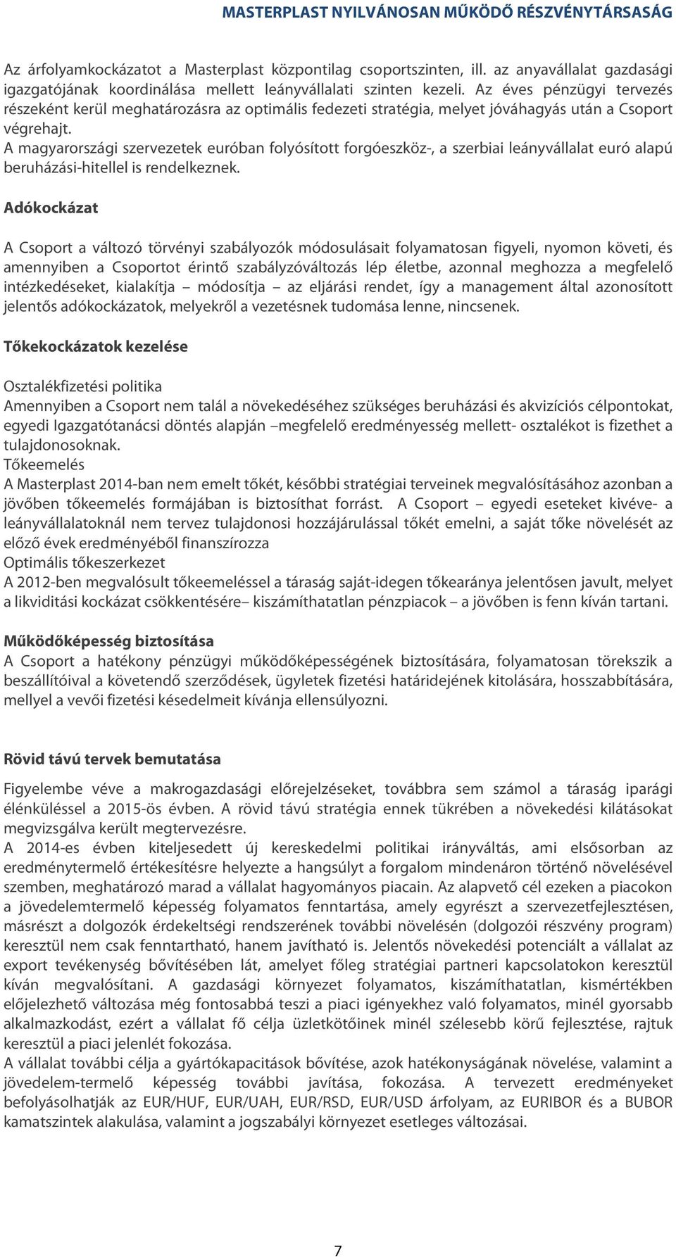 A magyarországi szervezetek euróban folyósított forgóeszköz-, a szerbiai leányvállalat euró alapú beruházási-hitellel is rendelkeznek.