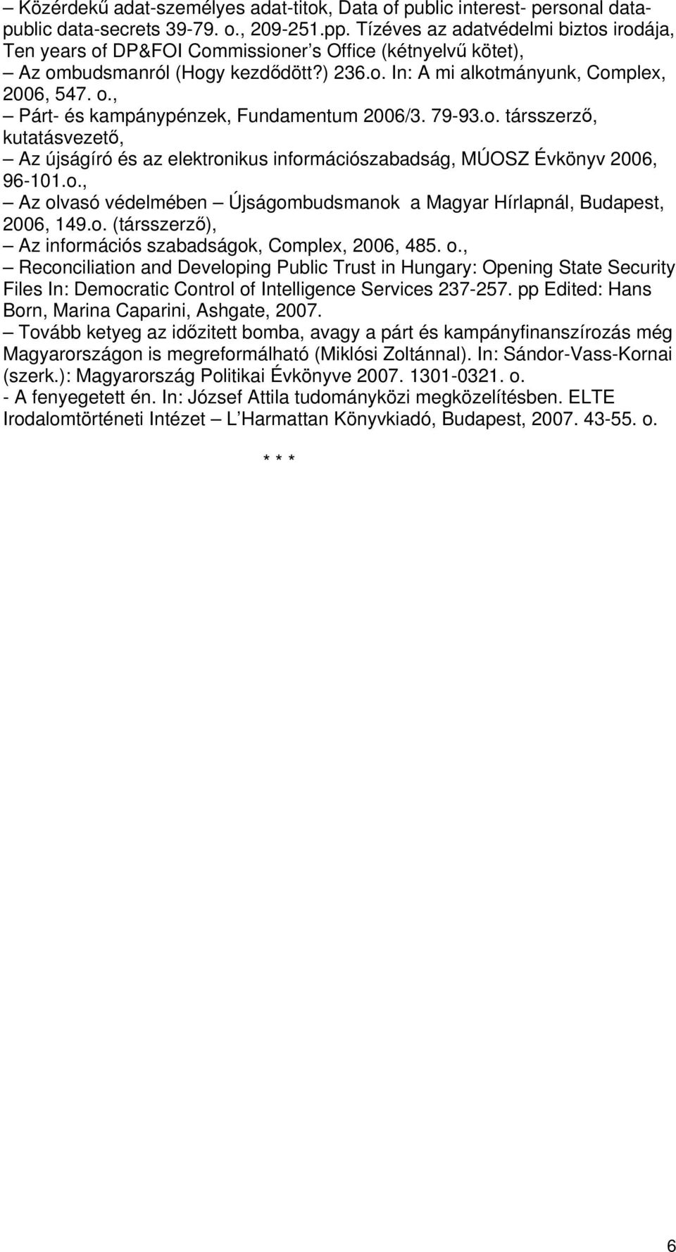 79-93.o. társszerző, kutatásvezető, Az újságíró és az elektronikus információszabadság, MÚOSZ Évkönyv 2006, 96-101.o., Az olvasó védelmében Újságombudsmanok a Magyar Hírlapnál, Budapest, 2006, 149.o. (társszerző), Az információs szabadságok, Complex, 2006, 485.