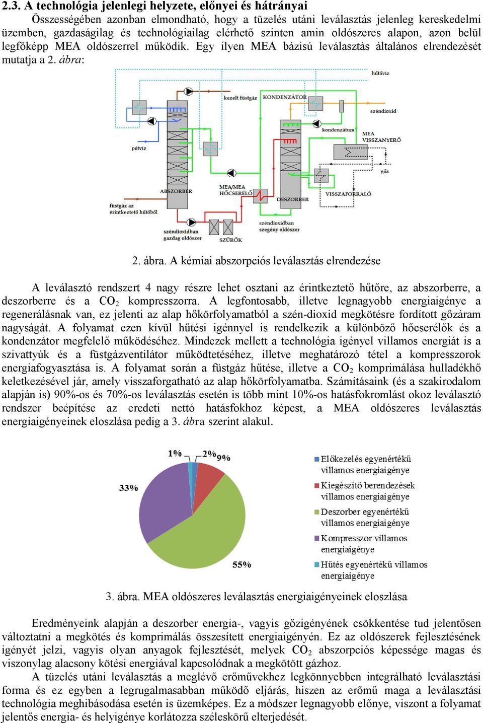 2. ábra. A kémiai abszorpciós leválasztás elrendezése A leválasztó rendszert 4 nagy részre lehet osztani az érintkeztető hűtőre, az abszorberre, a deszorberre és a CO 2 kompresszorra.