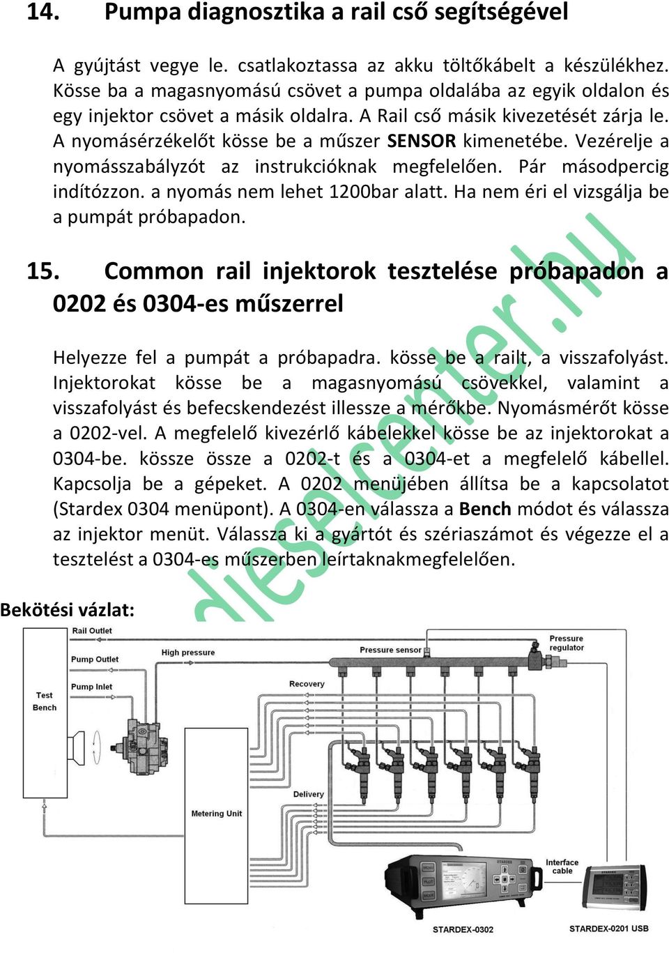 Vezérelje a nyomásszabályzót az instrukcióknak megfelelően. Pár másodpercig indítózzon. a nyomás nem lehet 1200bar alatt. Ha nem éri el vizsgálja be a pumpát próbapadon. 15.