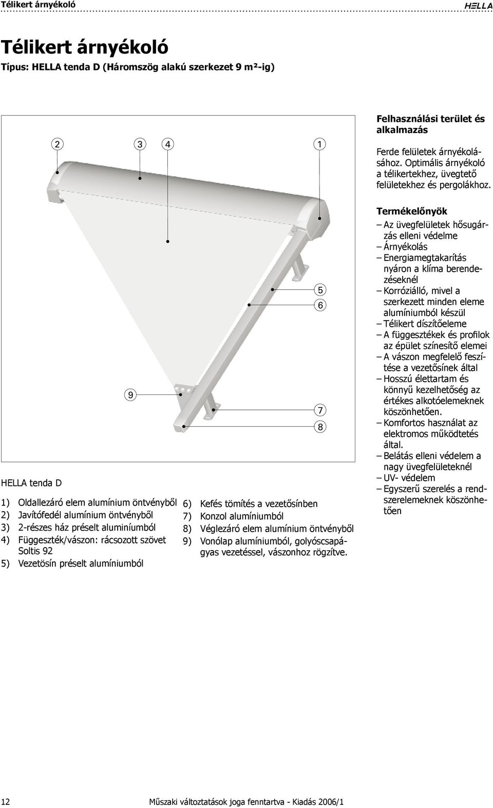 HELLA tenda D 1) 2) 3) 4) 5) Oldallezáró elem alumínium öntvényből Javítófedél alumínium öntvényből 2-részes ház préselt aluminíumból Függeszték/vászon: rácsozott szövet Soltis 92 Vezetösín préselt