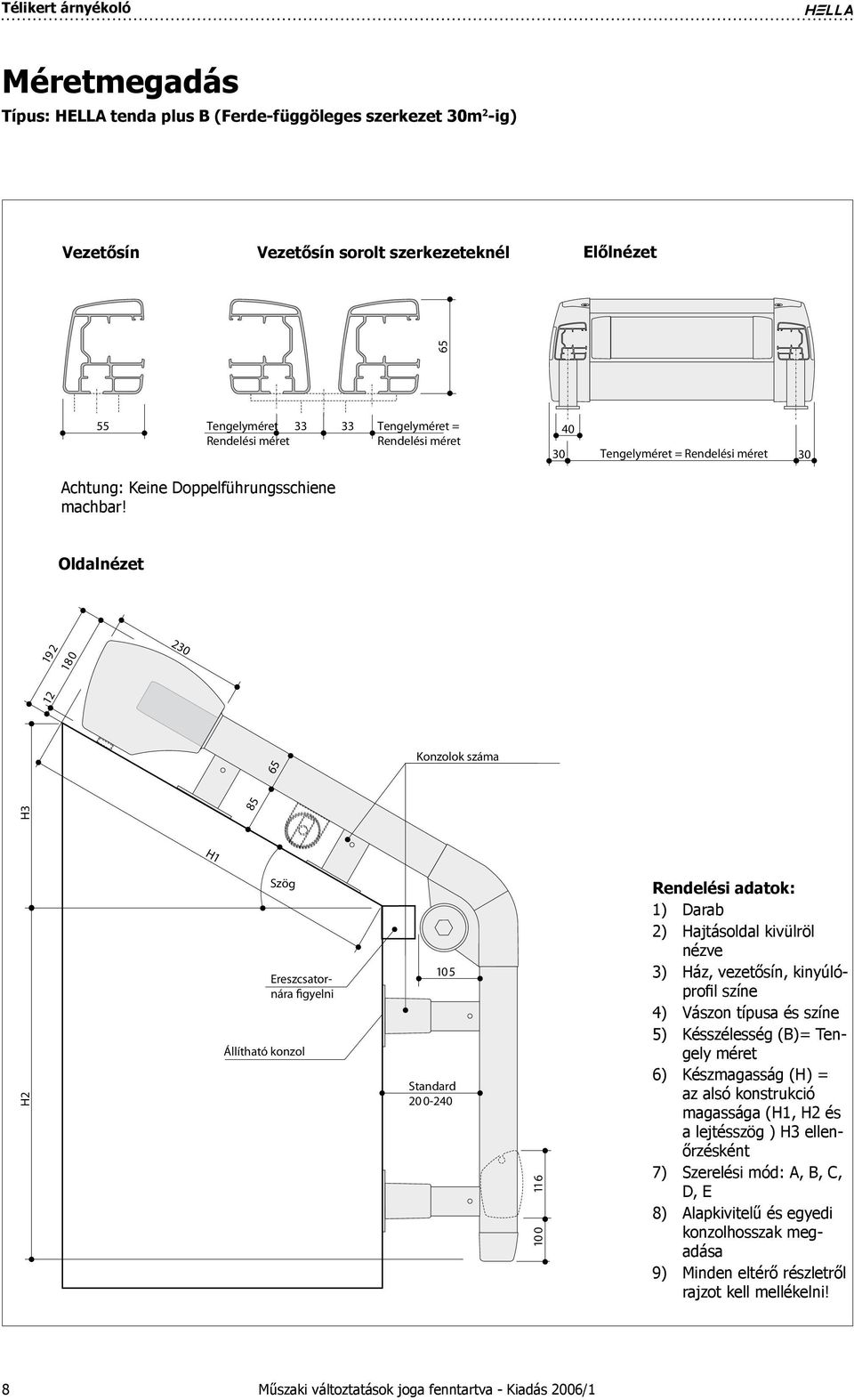 Oldalnézet 180 192 230 H3 85 65 Konzolok száma H1 H2 Szög Ereszcsatornára figyelni Állítható konzol 105 Standard 20 0-2 10 0 116 Rendelési adatok: 1) Darab 2) Hajtásoldal kivülröl nézve 3) Ház,