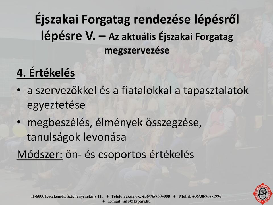 Értékelés a szervezőkkel és a fiatalokkal a tapasztalatok