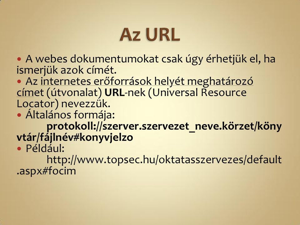 Resource Locator) nevezzük. Általános formája: protokoll://szerver.szervezet_neve.